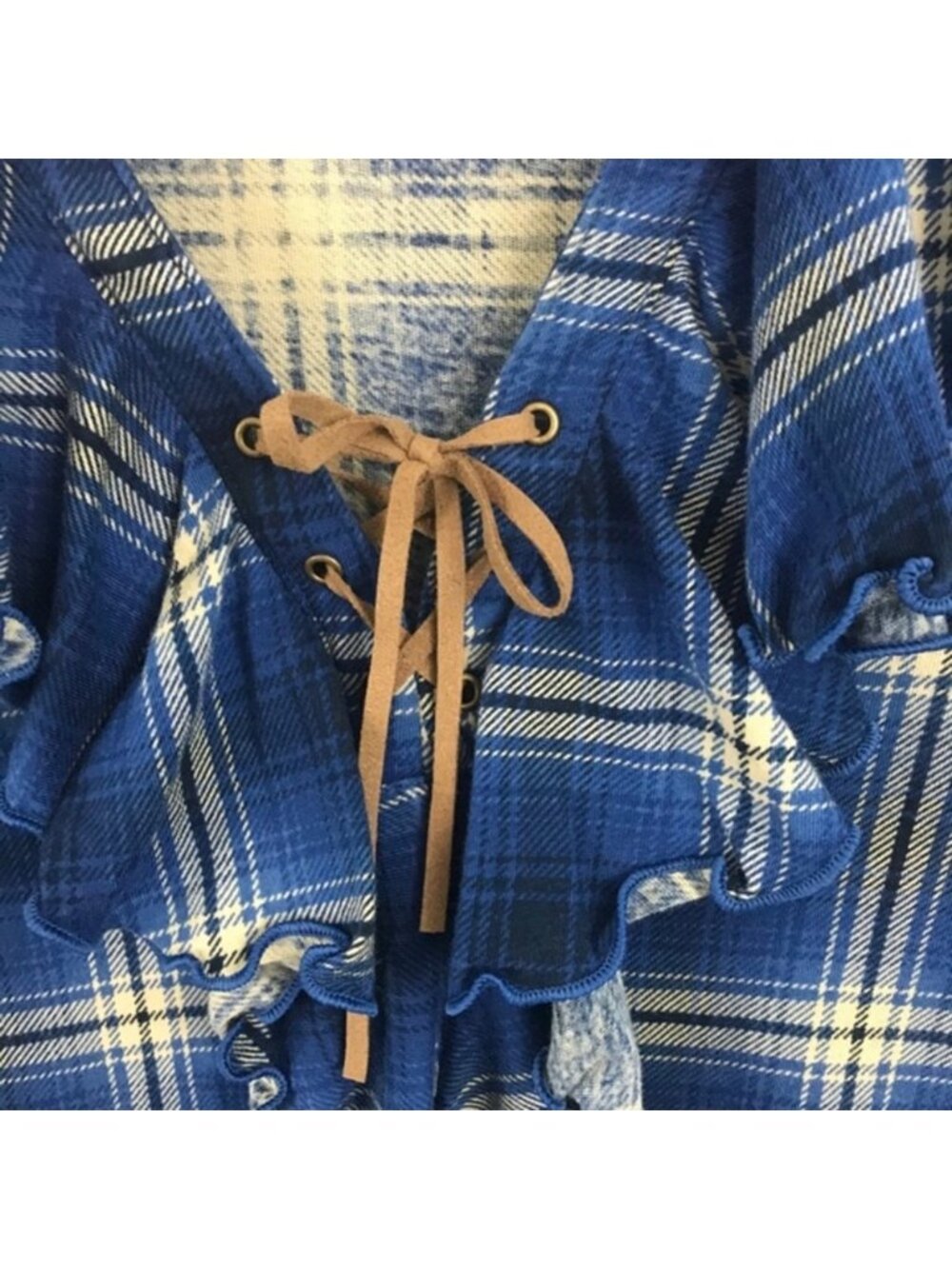 Denim Flannel Ruffled V Neck Pullover - Picture 7 of 7